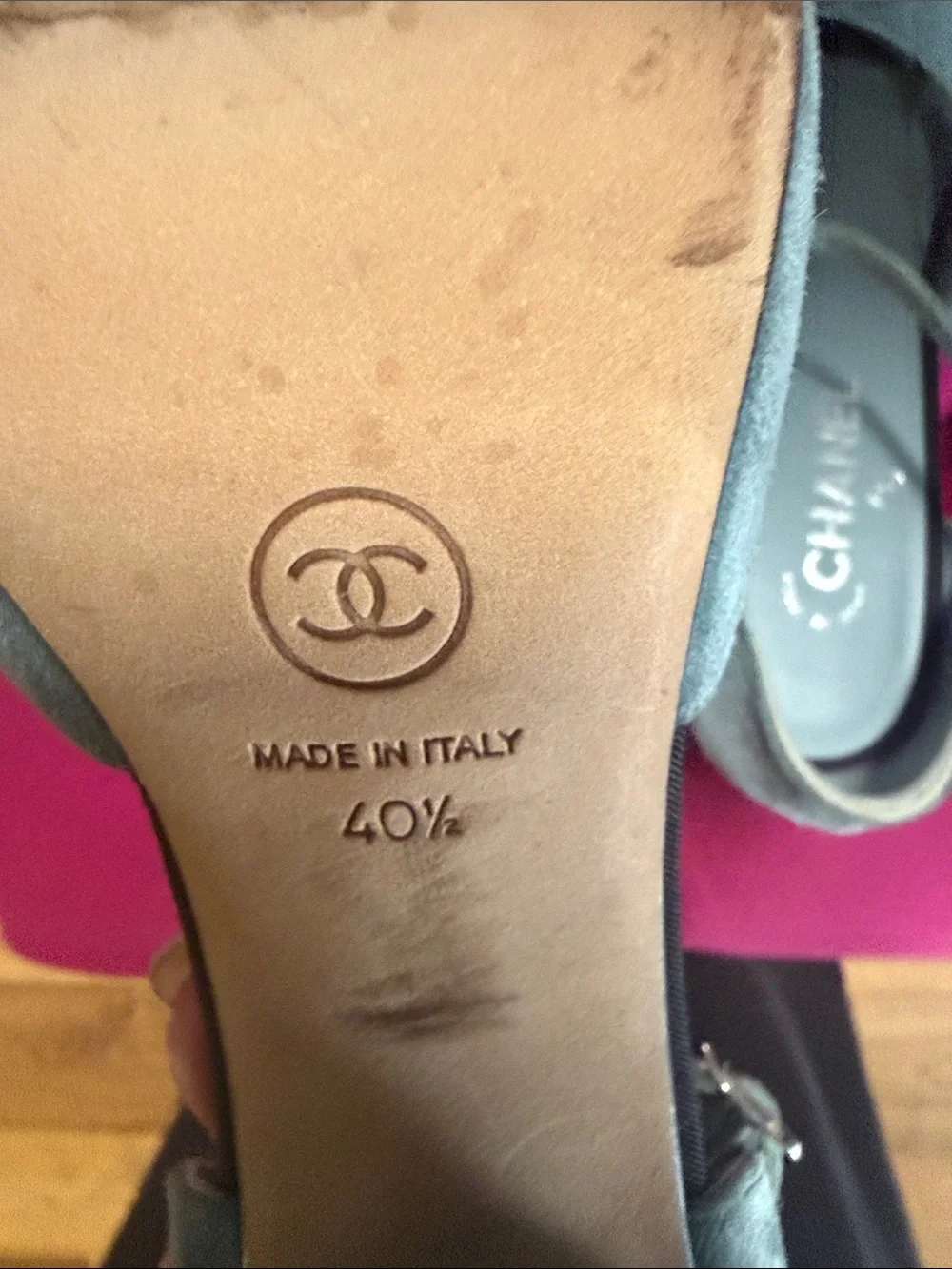 CHANEL Gray Suede Pearl-Trim Ankle-Strap Heels